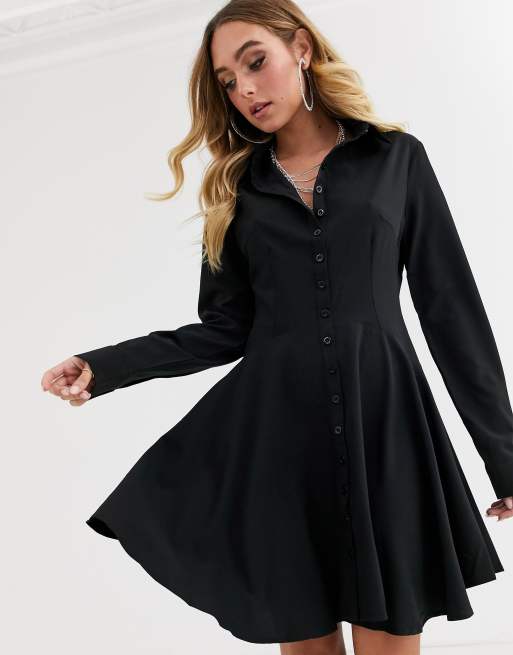 Missguided Robe chemise patineuse manches longues Noir