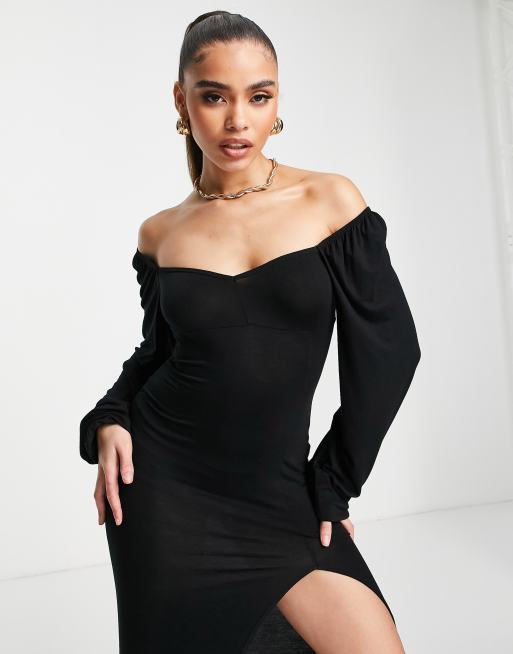 Missguided Robe longueur mollet tendance folk fendue a manches longues Noir ASOS