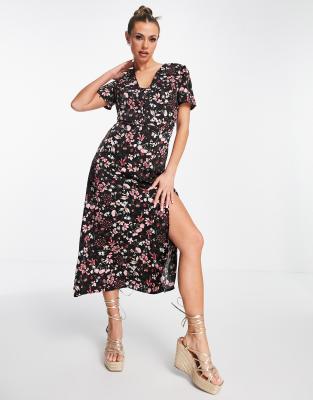 Missguided - Robe mi-longues à manches courtes - Noir fleuri