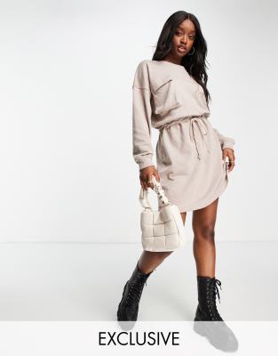 Missguided pocket detail tie waist sweater mini dress in stone - ASOS Price Checker