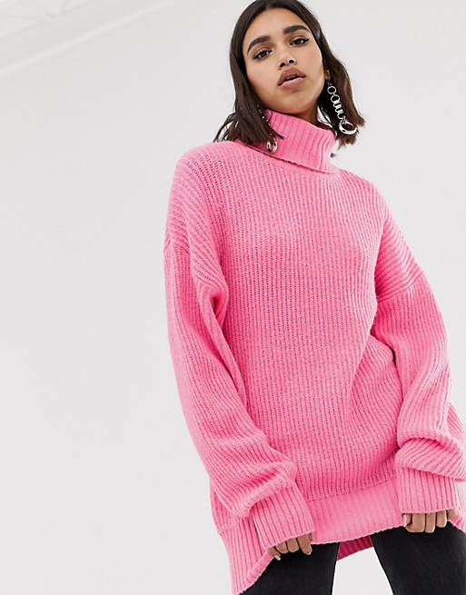 Missguided roll neck boyfriend sweater in neon pink