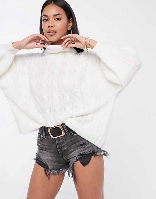 Missguided roll neck cable jumper in white