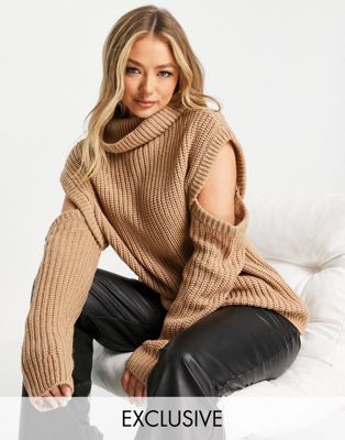 Missguided roll neck cut out jumper in tan