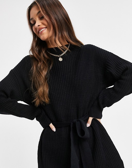 Missguided roll neck dress with belted waist in black