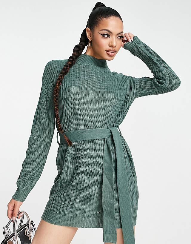 Missguided roll neck dress with belted waist in khaki