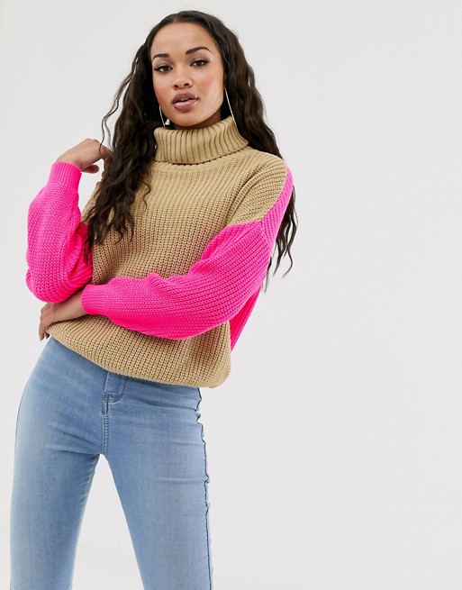 Missguided roll neck jumper in camel with pink colour block