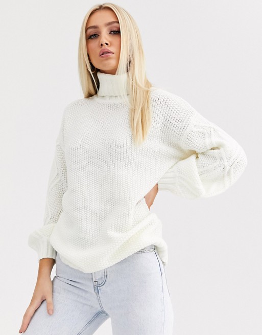 Missguided roll neck jumper with cable knit sleeves in cream