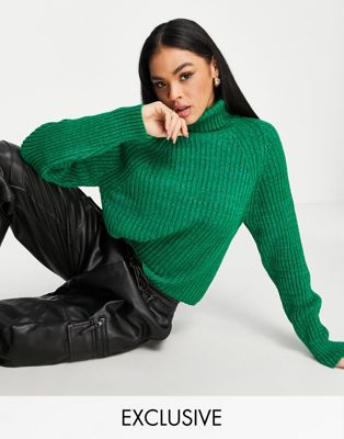 Missguided roll neck ribbed jumper in green