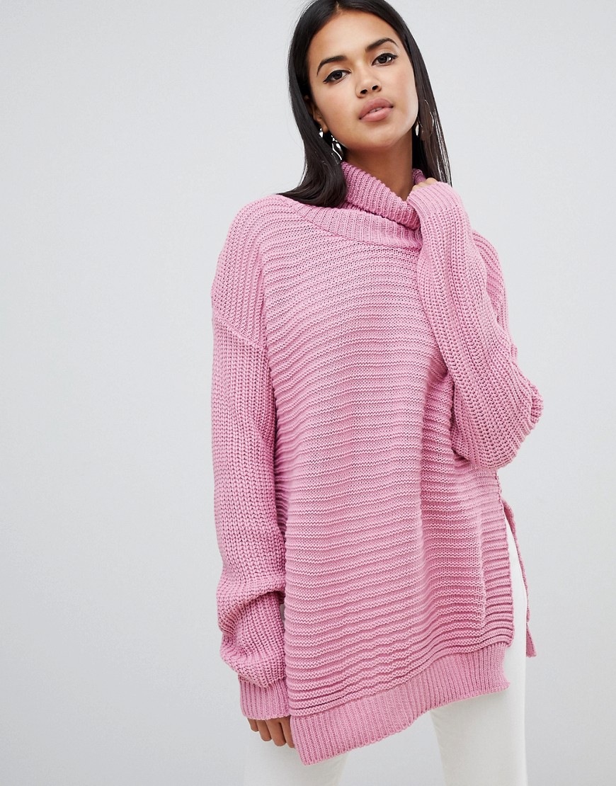 Missguided roll neck step hem sweater-Pink