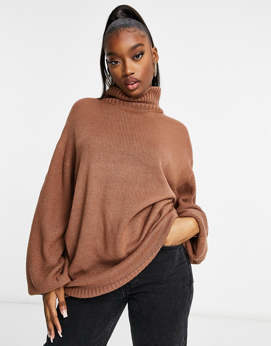 Missguided roll neck sweater with cable sleeves in chocolate-Brown