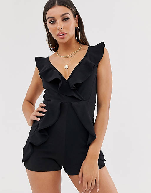 Missguided romper with frill trims in black