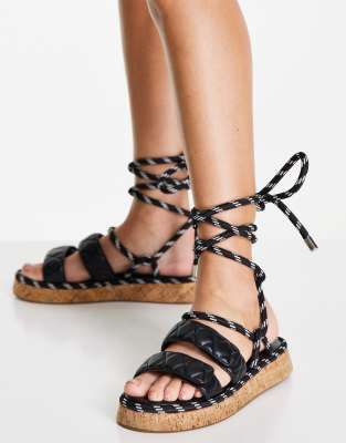 Missguided rope tie up quilted flat sandals in black - ASOS Price Checker