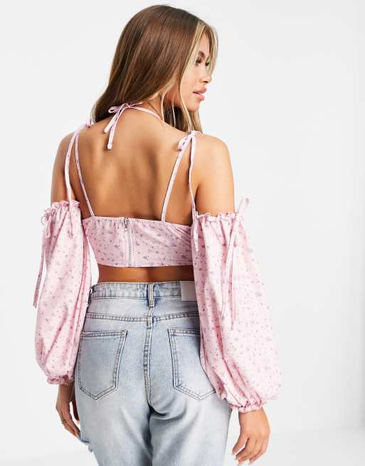 Missguided – Rosa, småblommig och kort blus, del av set, 2 av 4