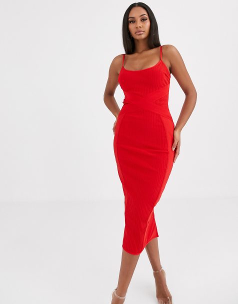 Missguided – Rotes Midaxi-Trägerkleid mit überkreuzter Bandagen-Vorderseite