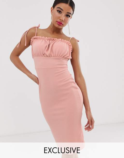 Missguided – Różowa sukienka midi o dopasowanym kroju z wiązanymi ramiączkami