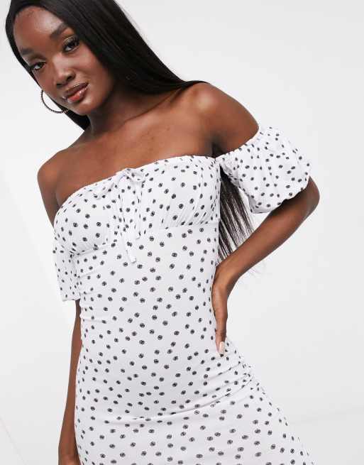 Black and white outlet polka dot bardot dress