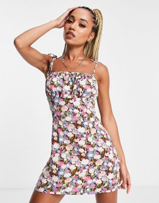 Missguided Ruched Bust Dress With Tie Shoulder In Multi Floral