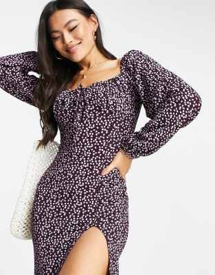 missguided ruched puff sleeve dress MISSGUIDED Puff Sleeve Square Neck Ruched Corset Midi DressMISSGUIDED