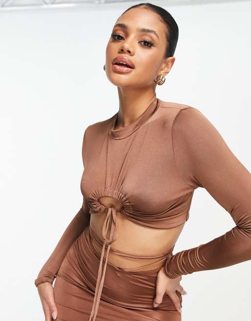 Missguided ruched cut-out slinky crop top in brown (Part of a co-ord)