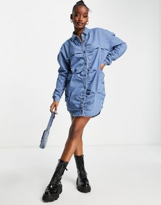 Missguided ruched denim shirt dress in blue