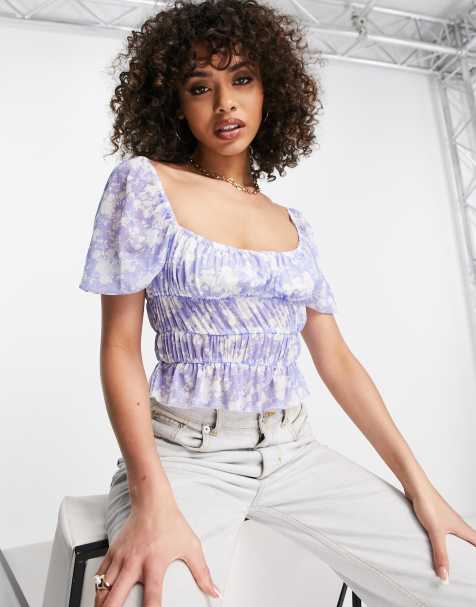 Missguided ruched front floral milkmaid top in blue - view 1