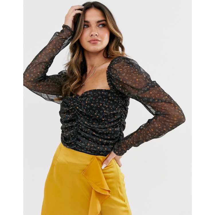 Missguided ruched mesh milkmaid top with puff sleeves in black ditsy floral