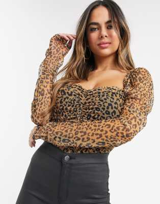 Missguided ruched mesh top in leopard print-Multi