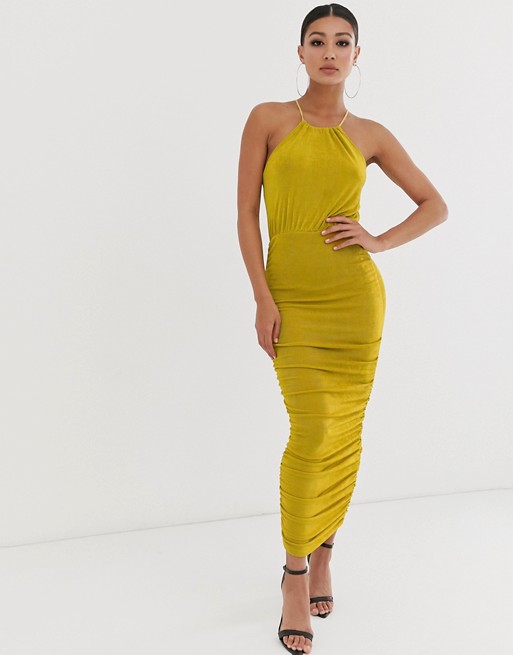 Missguided ruched midaxi dress with halterneck in mustard