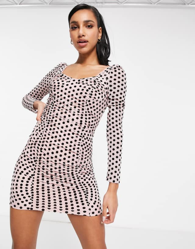 Missguided ruched milkmaid dress in flocked polkadot