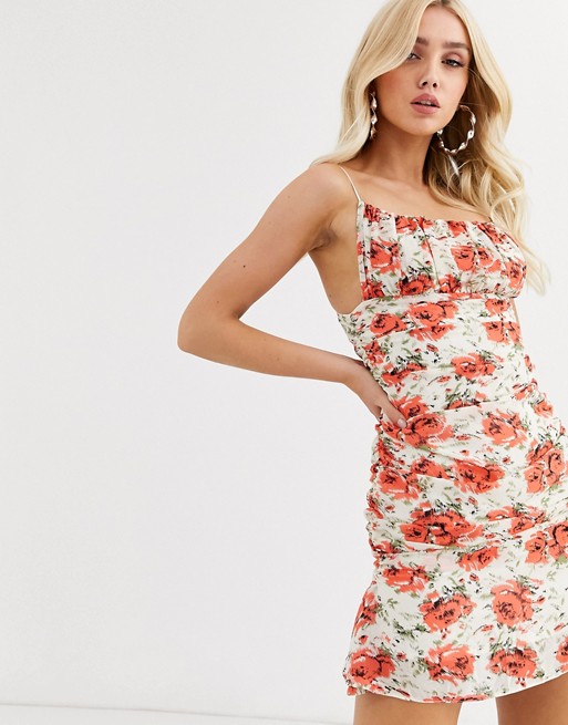 Missguided ruched mini dress with frill hem in floral print