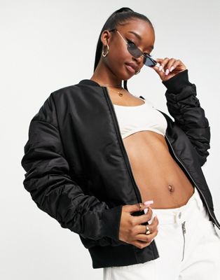 Missguided ruched sleeve bomber jacket in black