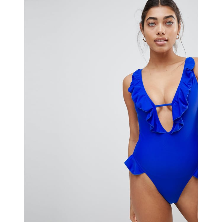 Missguided Ruffle Trim Plunge Swimsuit