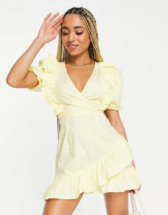 Missguided ruffle wrap poplin dress in lemon