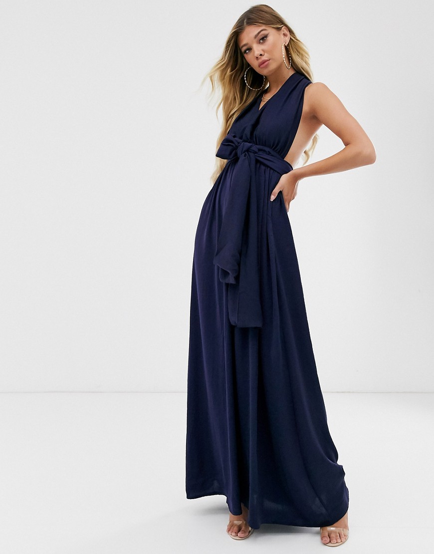 Missguided - Satijnen lange jurk-Marineblauw