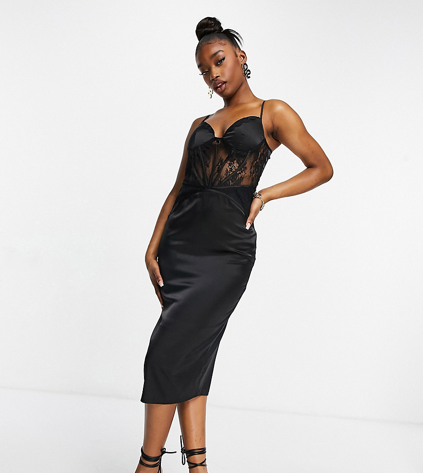 Missguided - Satijnen midaxi-jurk met kanten inzetstuk in zwart
