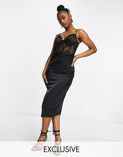 Missguided - Satijnen midaxi-jurk met kanten inzetstuk in zwart