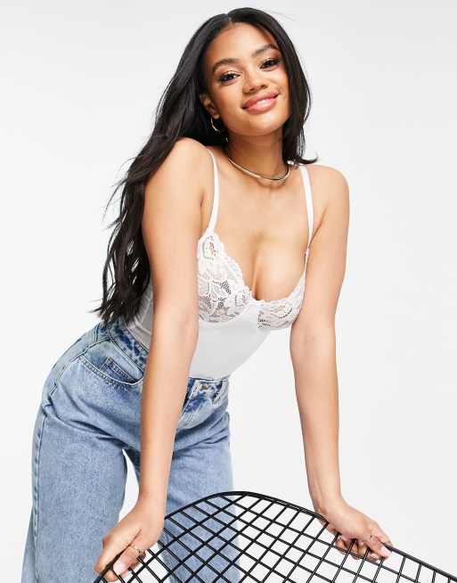 Missguided satin bodysuit with lace scallop detail in white