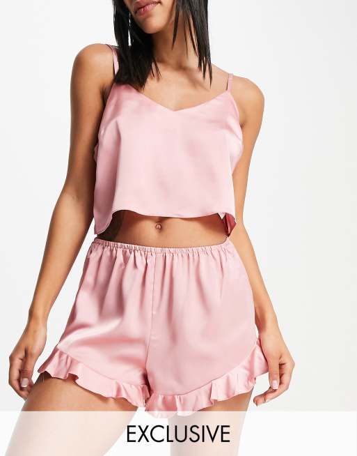 Satin Cami, Ruffle Hem Shorts Pajama Set