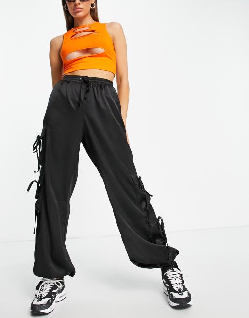 Missguided satin cargo pants with tie cuff detail in black