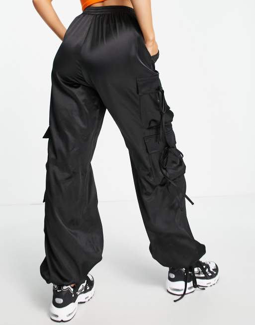 Black Satin Relaxed Cargo Pants