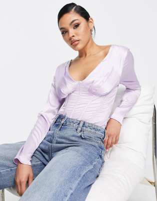 Lilac Ribbed Plunge Neck Bodysuit