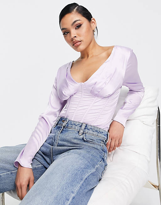 Missguided satin corset plunge bodysuit with long sleeve in lilac