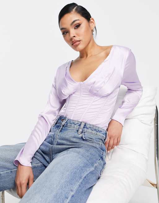 Missguided Navy Long Sleeve Satin Cropped Blouse