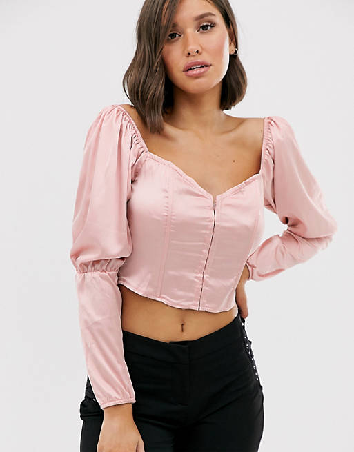 At dræbe Kvadrant løn Missguided satin corset top with puff sleeves in pink | ASOS