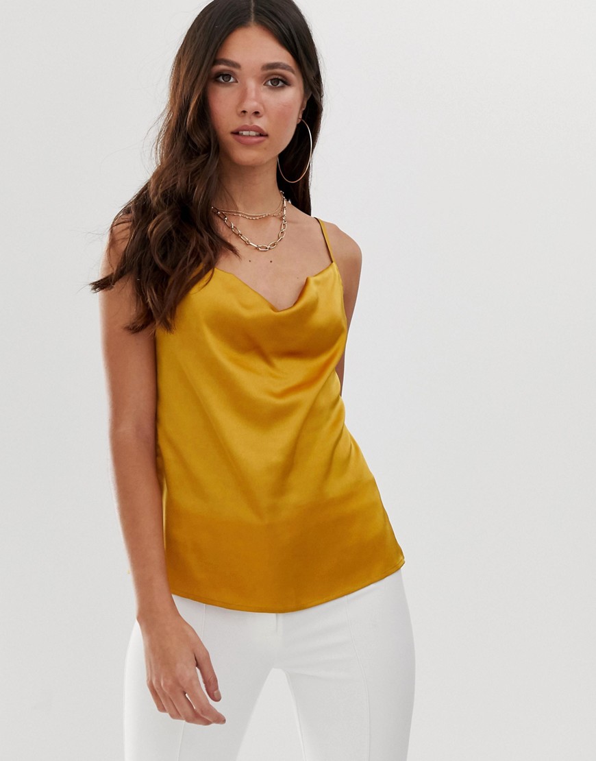 Missguided satin cowl neck cami top in mustard-Yellow