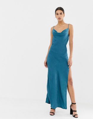 blue satin cowl neck dress