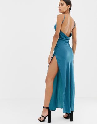 cowl back satin slip dress