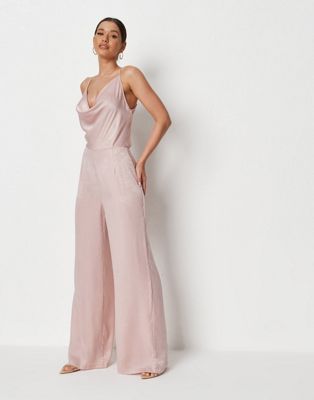 Missguided satin cowl neck wide leg jumpsuit in pale pink