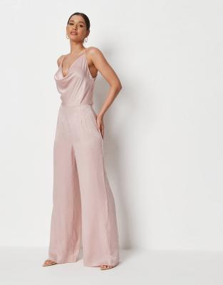 Missguided satin cowl neck wide leg jumpsuit in pale pink