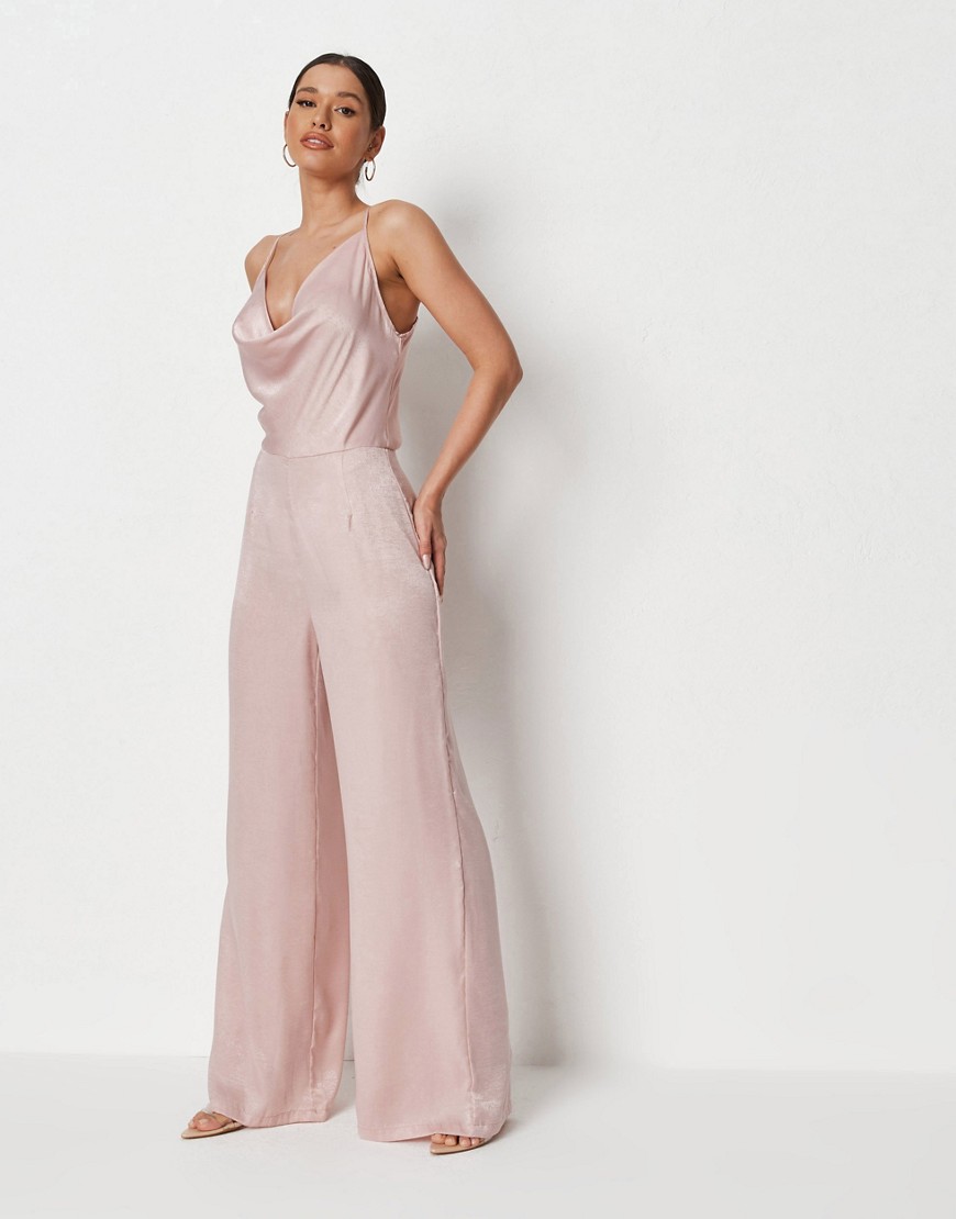 Missguided satin cowl neck wide leg jumpsuit in pale pink-Neutral